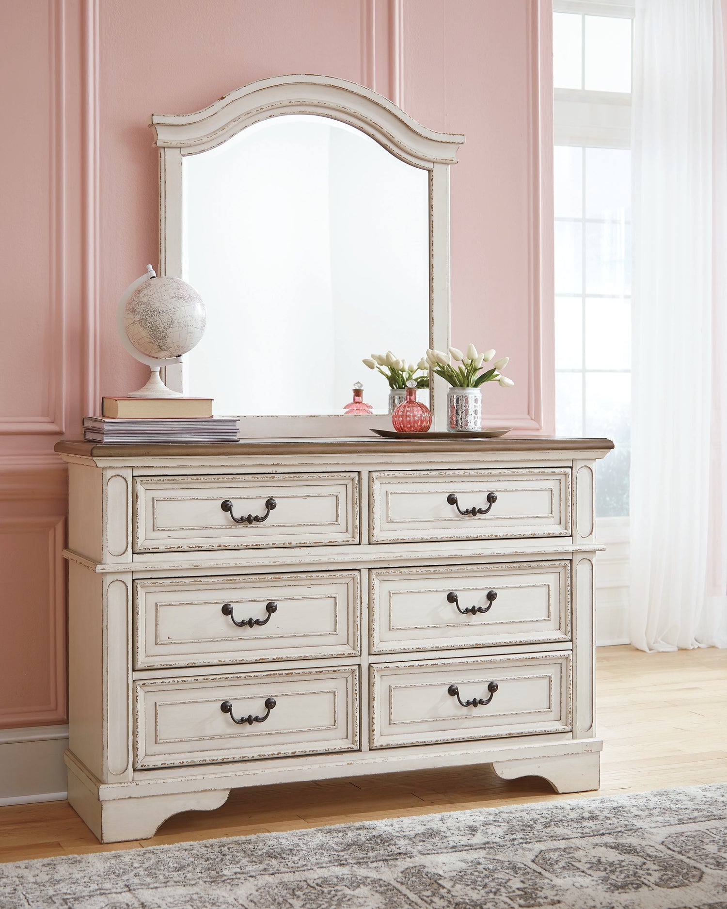 Realyn Two-tone Full Panel Bed, Dresser, Mirror, 3-Piece Vanity and Nightstand - B743B27