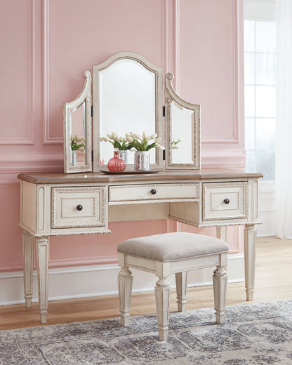 Realyn Two-tone Full Panel Bed, Dresser, Mirror, 3-Piece Vanity and Nightstand - B743B27