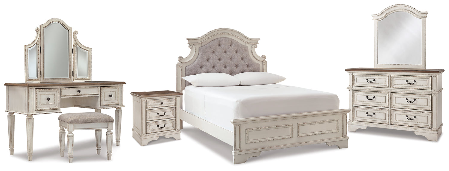 Realyn Two-tone Full Panel Bed, Dresser, Mirror, 3-Piece Vanity and Nightstand - B743B27