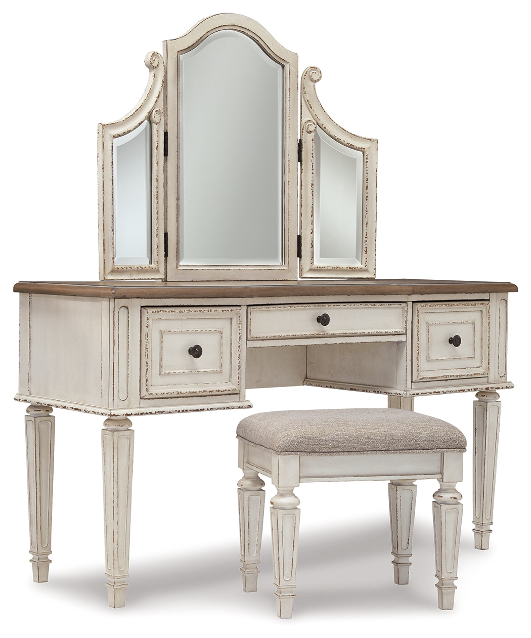Realyn Two-tone Full Panel Bed, Dresser, Mirror, 3-Piece Vanity and Nightstand - B743B27