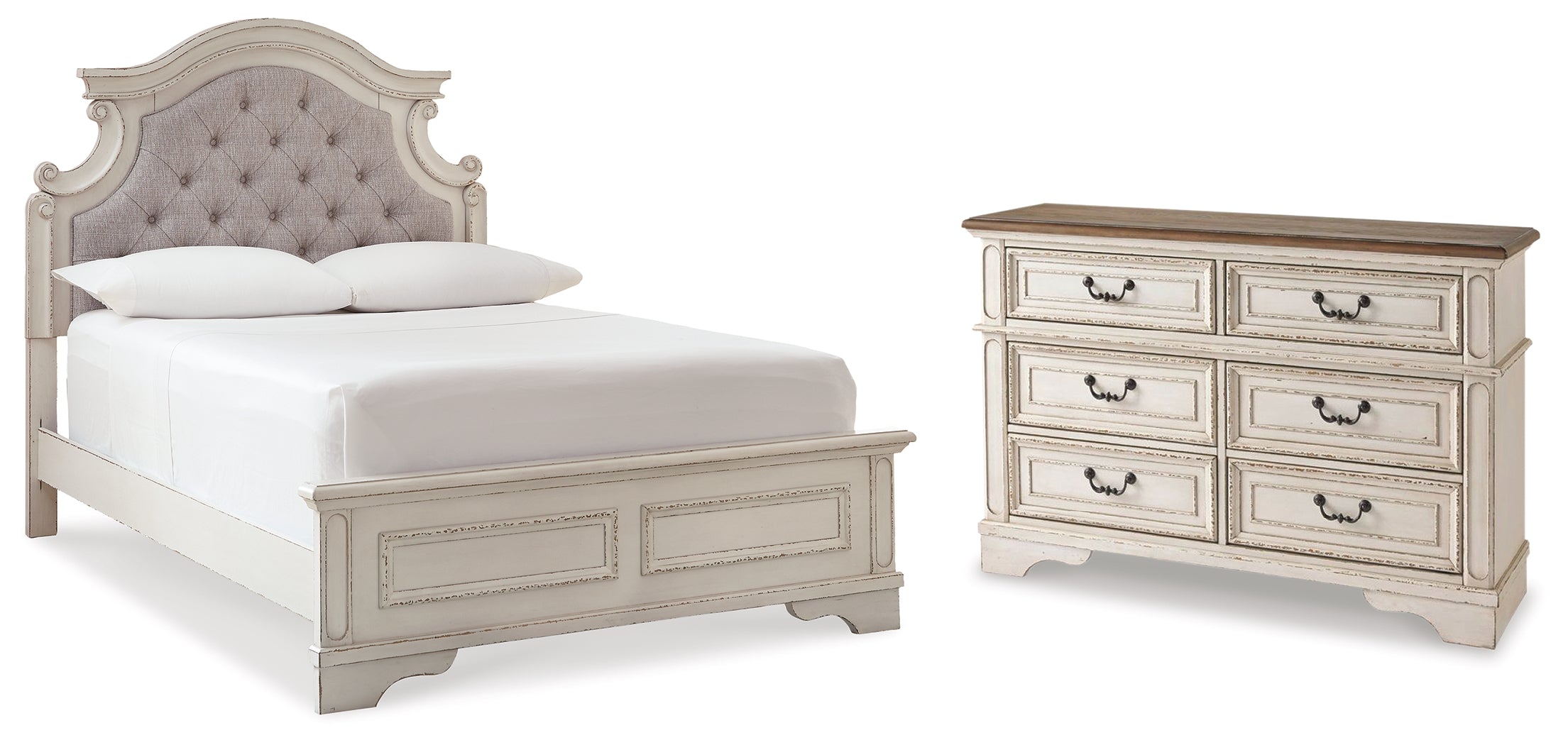 Realyn Two-tone Full Upholstered Panel Bed with Dresser - B743B34