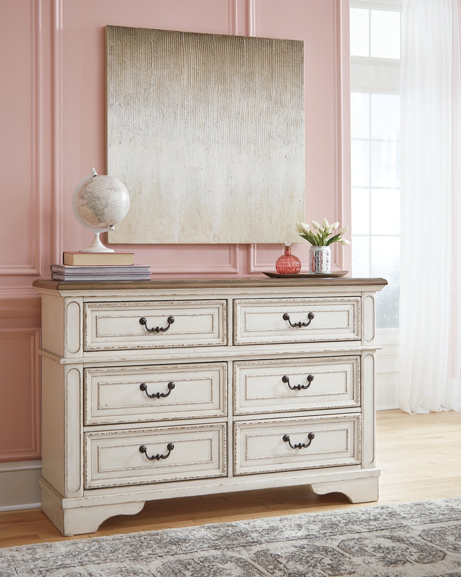 Realyn Two-tone Full Upholstered Panel Bed with Dresser - B743B34
