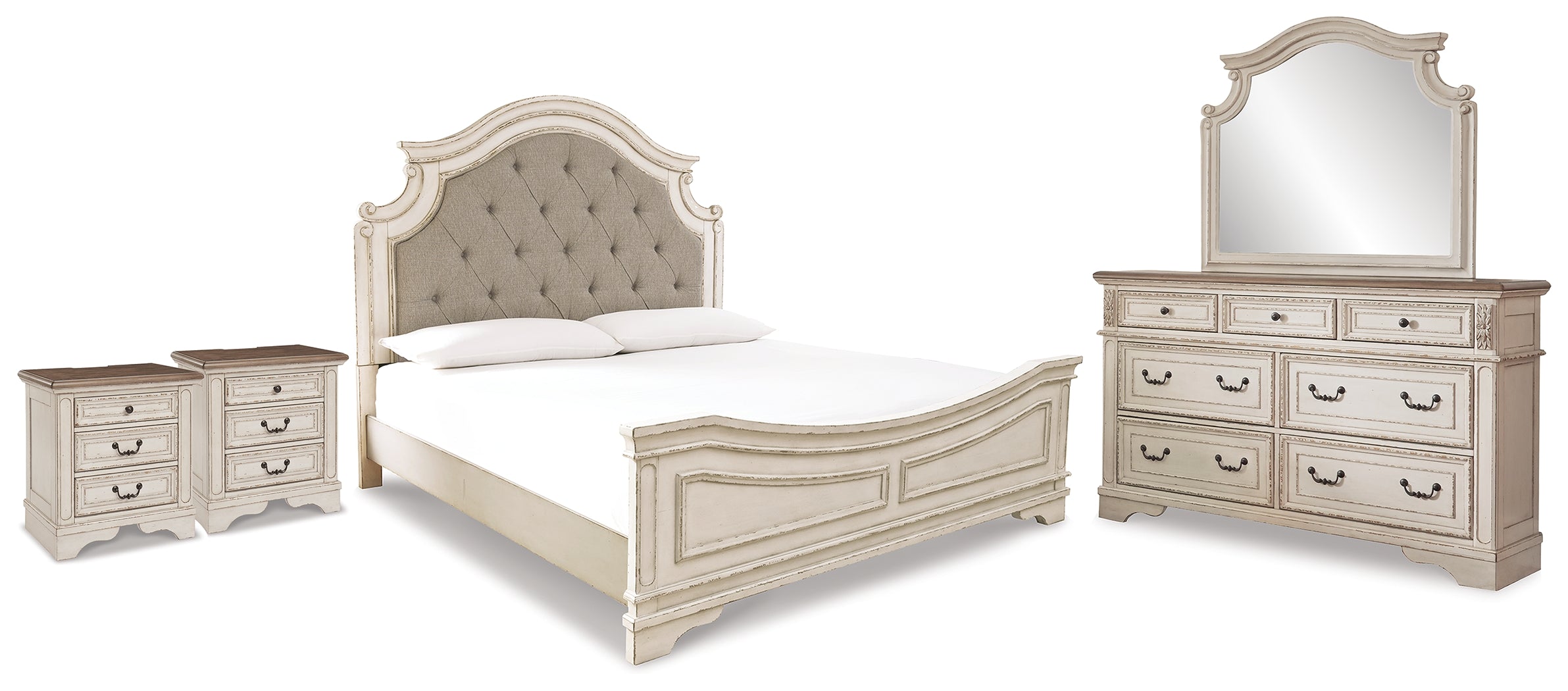Realyn Two-tone King Panel Bed, Dresser, Mirror and 2 Nightstands - B743B70