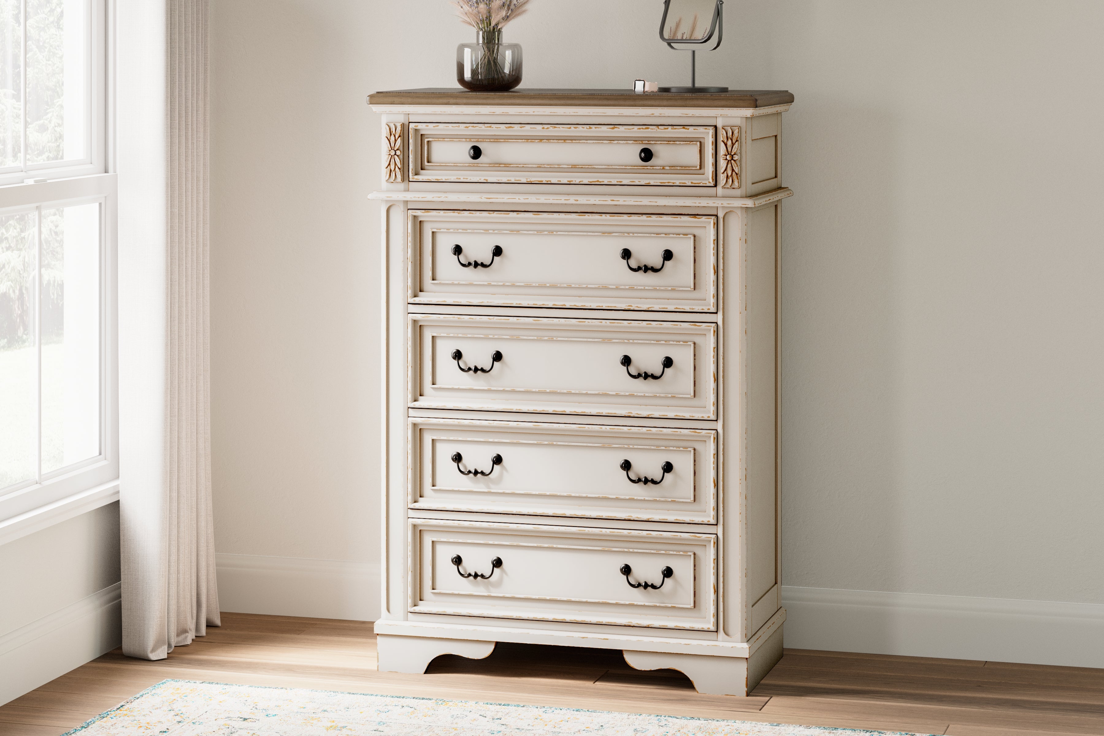 Realyn Two-tone King Panel Bed, Vanity, Chest and 2 Nightstands - B743B73