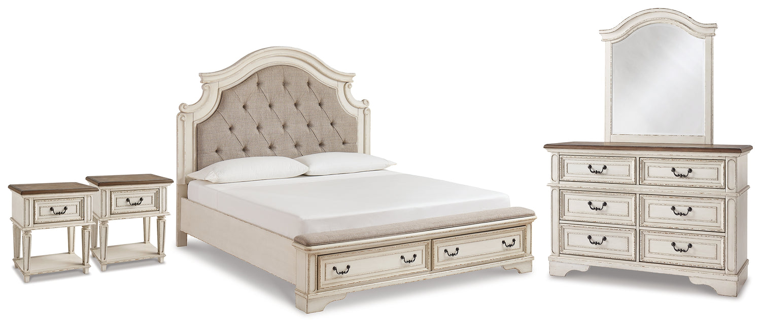 Realyn Two-tone King Panel Storage Bed, Dresser, Mirror and 2 Nightstands - B743B66