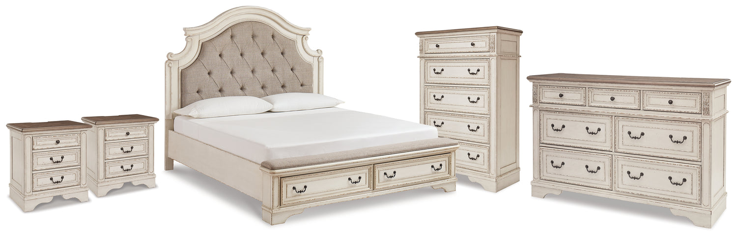 Realyn Two-tone King Storage Bed, Dresser, Chest and 2 Nightstands - B743B69