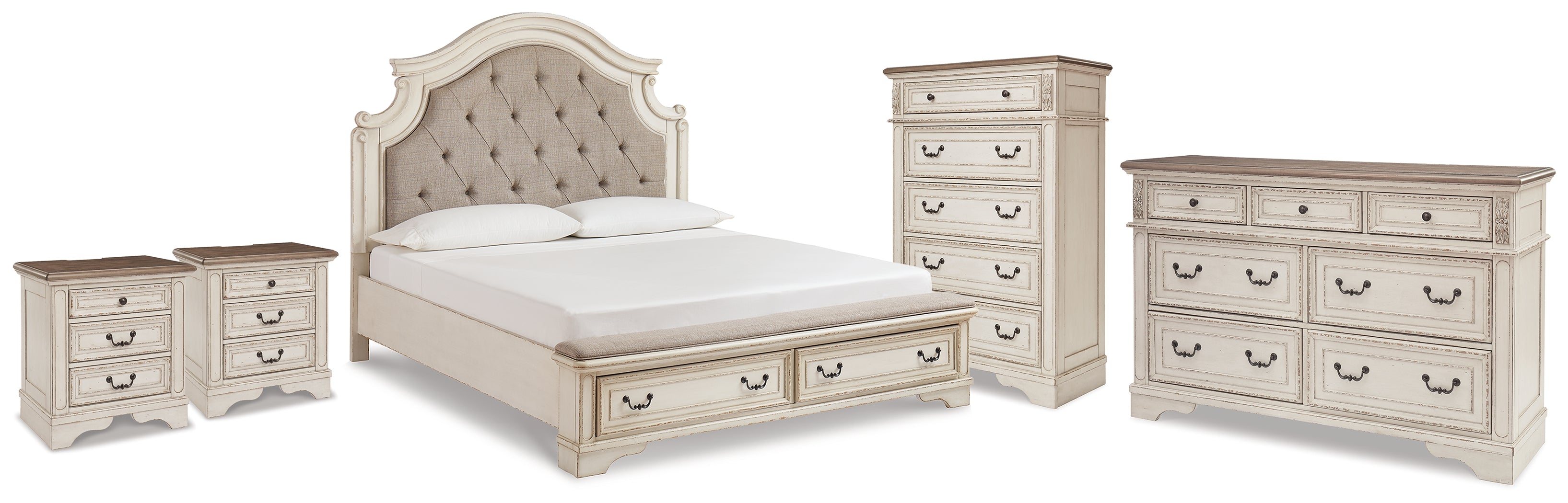 Realyn Two-tone King Storage Bed, Dresser, Chest and 2 Nightstands - B743B69
