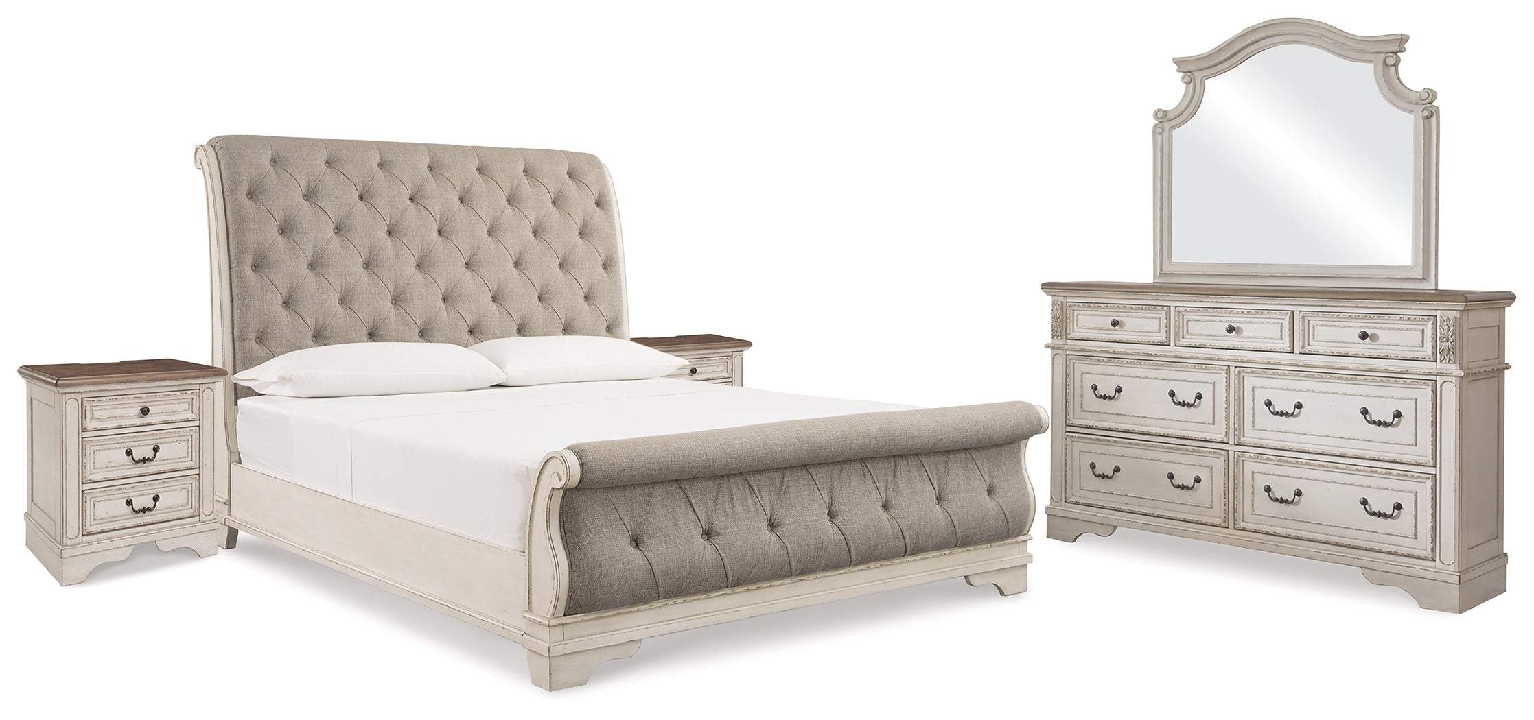Realyn Two-tone King Upholstered Sleigh Bed, Dresser, Mirror and 2 Nightstands - B743B51