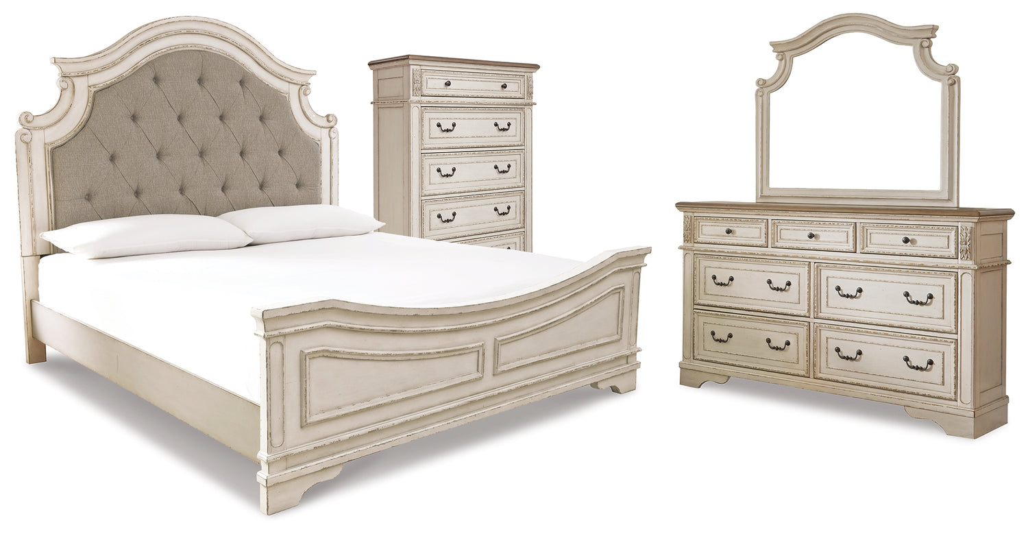 Realyn Two-tone Queen Panel Bed, Dresser, Mirror and Chest - B743B28