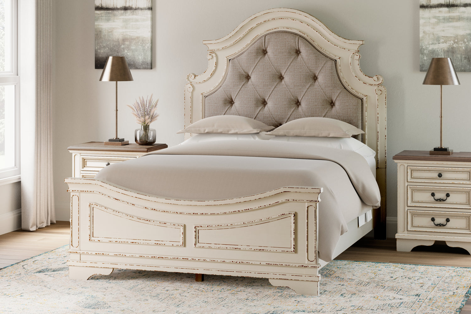 Realyn Two-tone Queen Upholstered Panel Bed and 2 Nightstands - B743B55