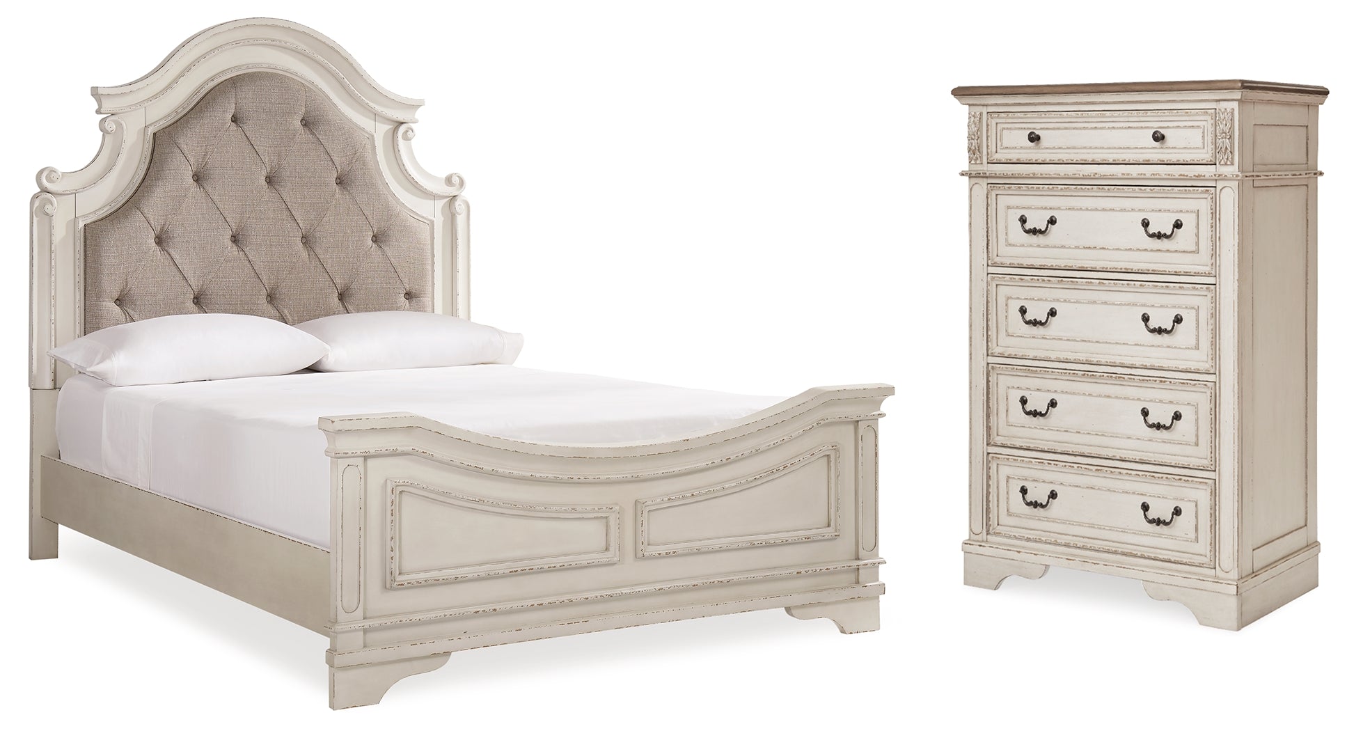 Realyn Two-tone Queen Upholstered Panel Bed and Chest - B743B54