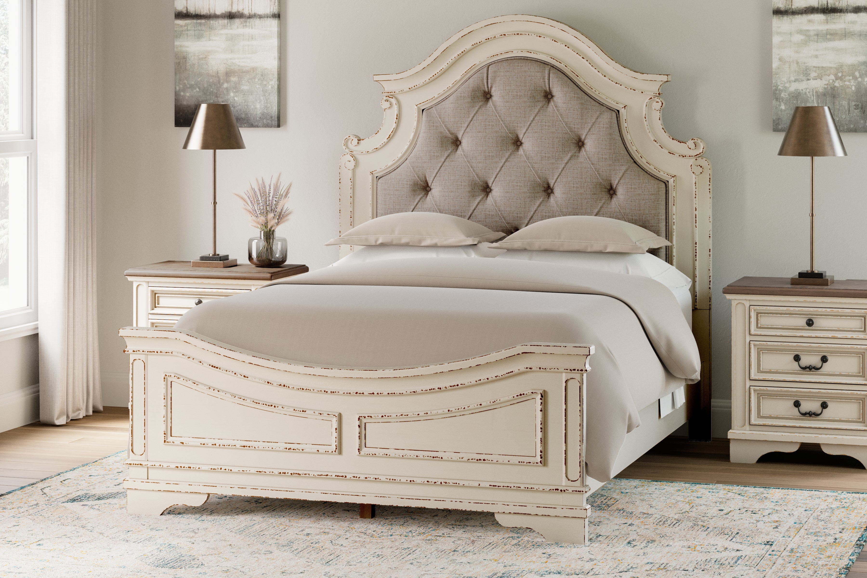 Realyn Two-tone Queen Upholstered Panel Bed, Dresser and 2 Nightstands - B743B67
