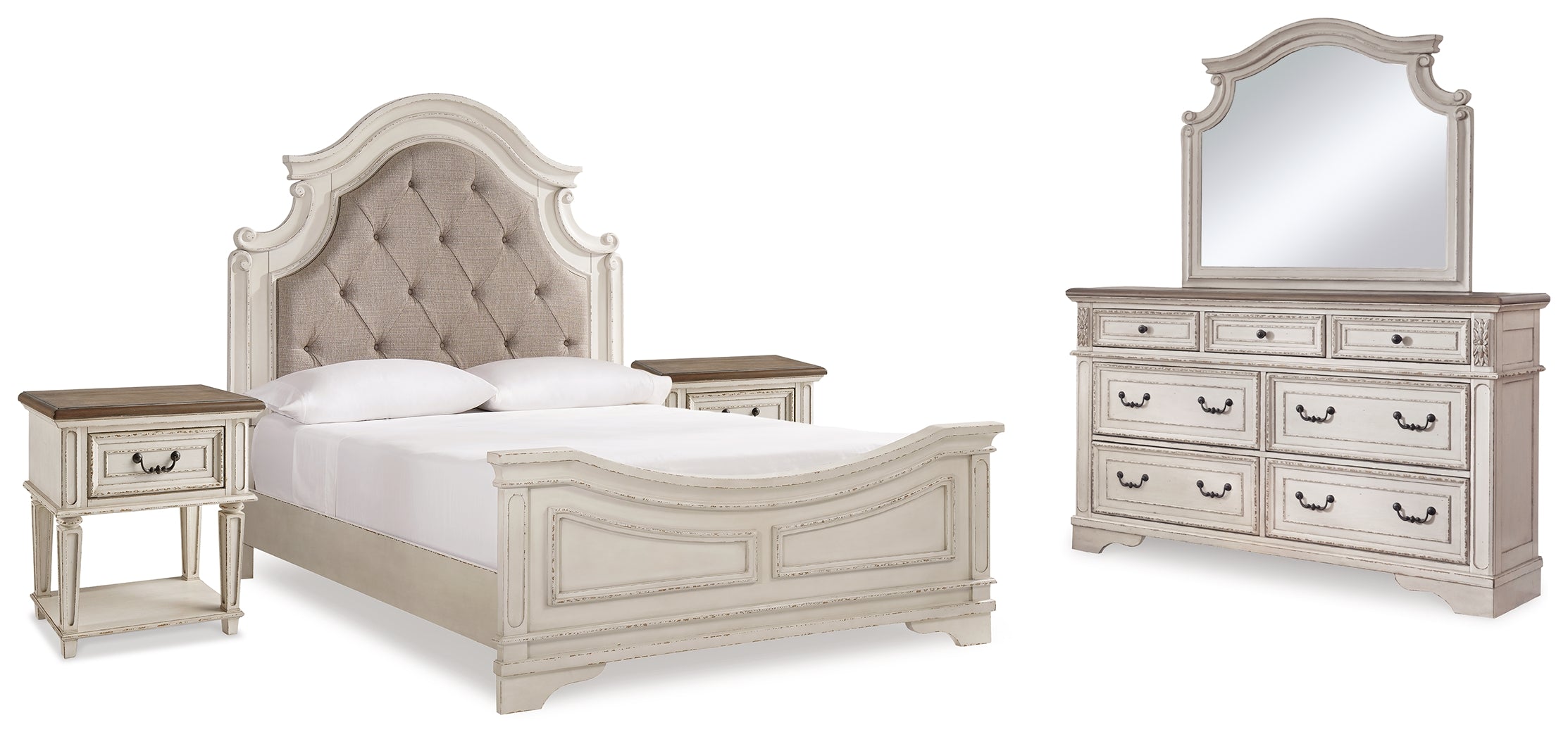 Realyn Two-tone Queen Upholstered Panel Bed, Dresser, Mirror and 2 Nightstands - B743B49