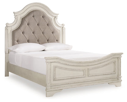 Realyn Two-tone Queen Upholstered Panel Bed, Dresser, Mirror and 2 Nightstands - B743B49