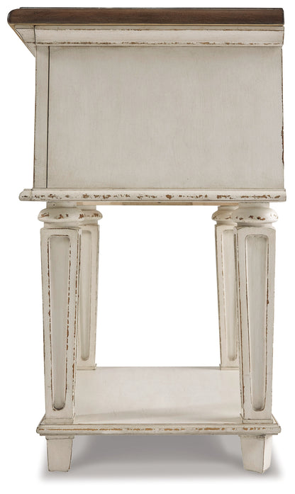 Realyn Two-tone Queen Upholstered Panel Bed, Dresser, Mirror and 2 Nightstands - B743B49