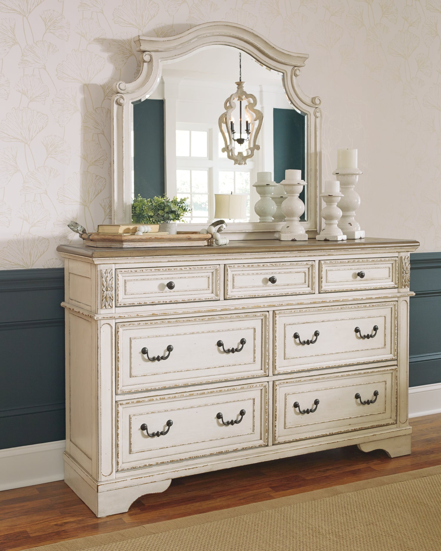 Realyn Two-tone Queen Upholstered Panel Bed, Dresser, Mirror, Chest and Nightstand - B743B47