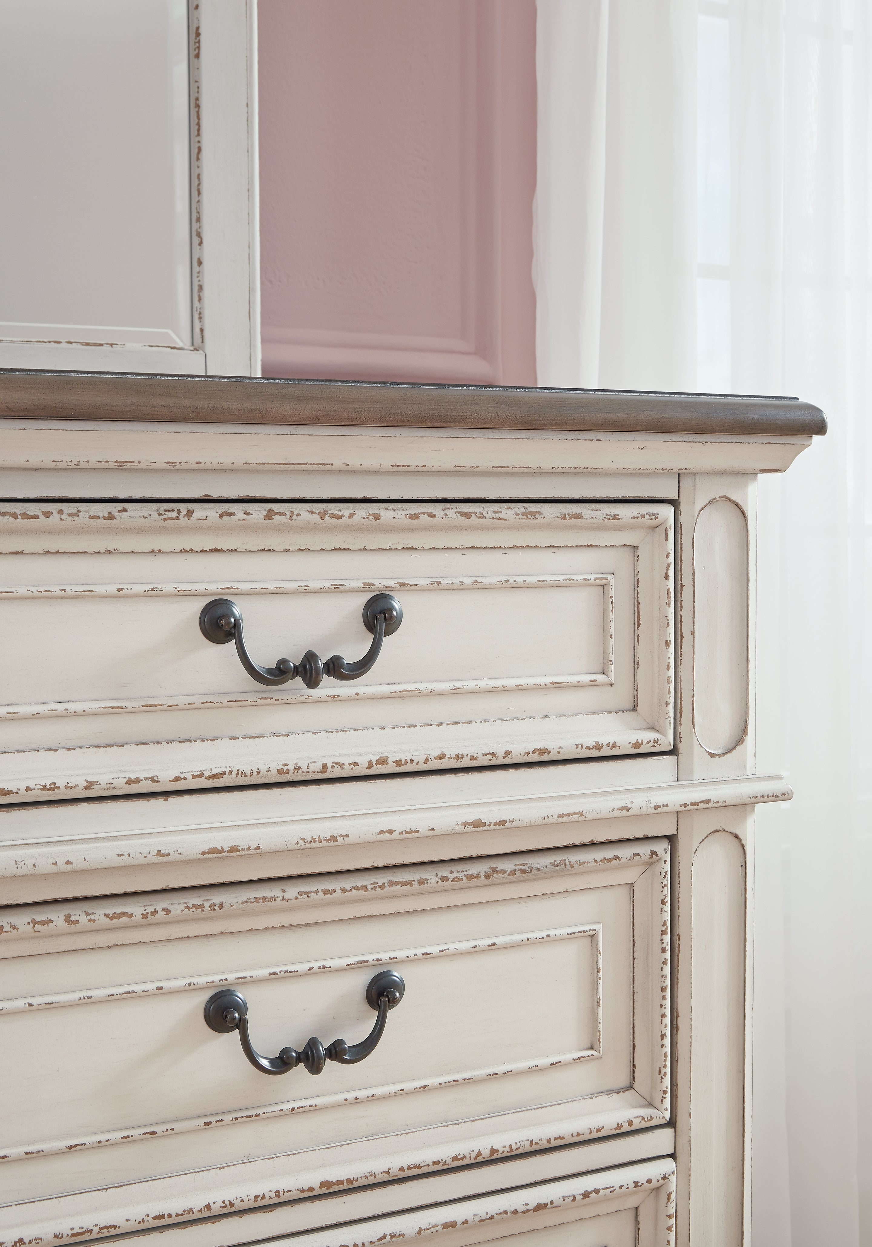 Realyn Two-tone Queen Upholstered Panel Bed, Dresser, Mirror, Chest and Nightstand - B743B47
