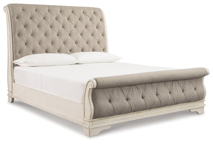 Realyn Two-tone Queen Upholstered Sleigh Bed and Chest - B743B29
