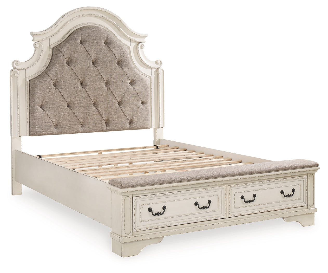 Realyn Two-tone Queen Upholstery Panel Bed, Dresser, Chest, Nightstand, and Vanity Set - B743B35