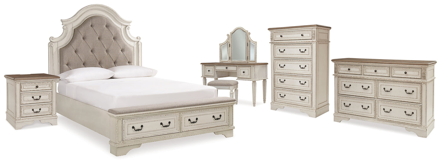 Realyn Two-tone Queen Upholstery Panel Bed, Dresser, Chest, Nightstand, and Vanity Set - B743B35
