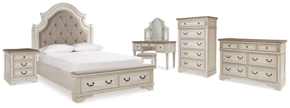 Realyn Two-tone Queen Upholstery Panel Bed, Dresser, Chest, Nightstand, and Vanity Set - B743B35