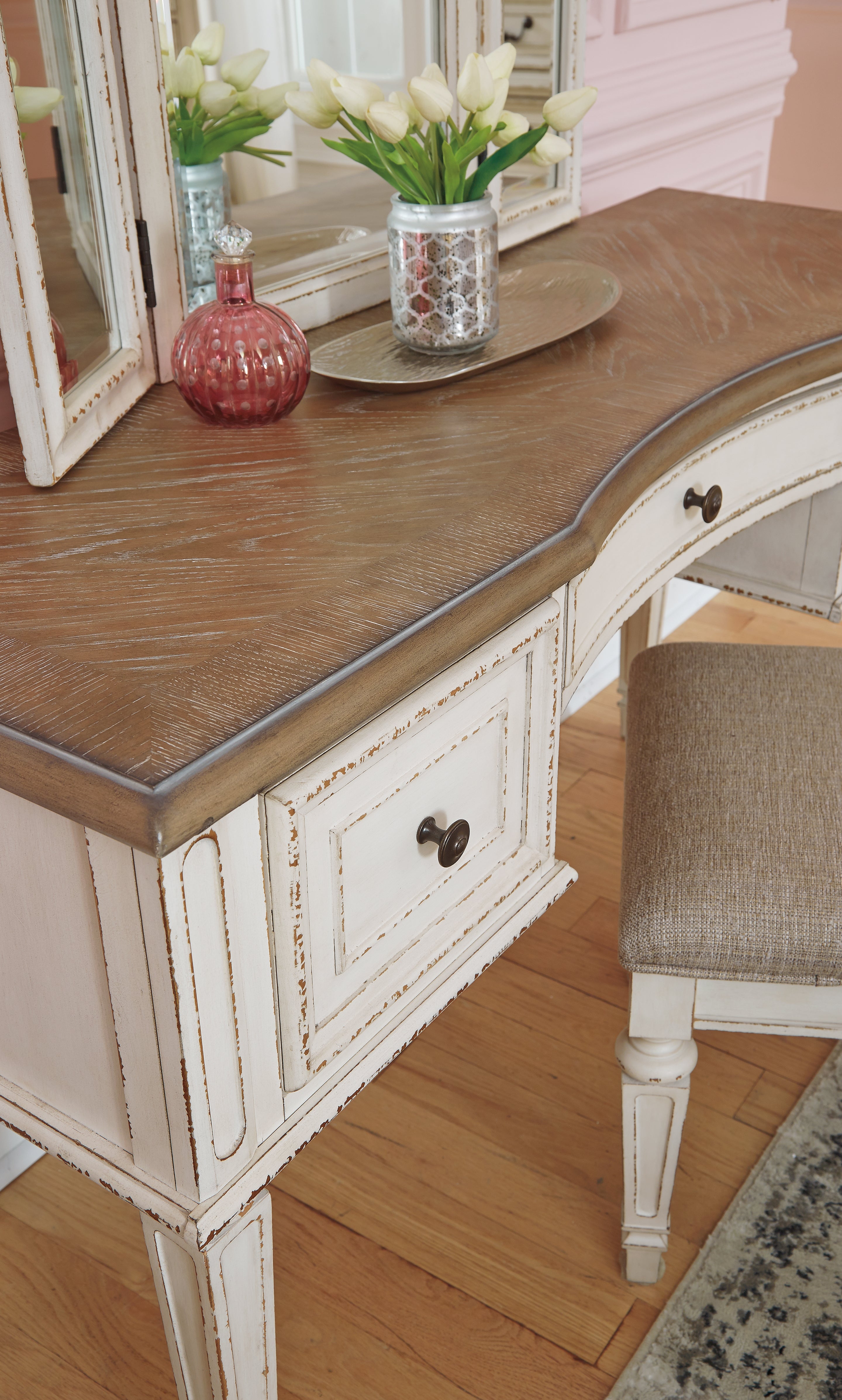 Realyn Two-tone Queen Upholstery Panel Bed, Dresser, Chest, Nightstand, and Vanity Set - B743B35