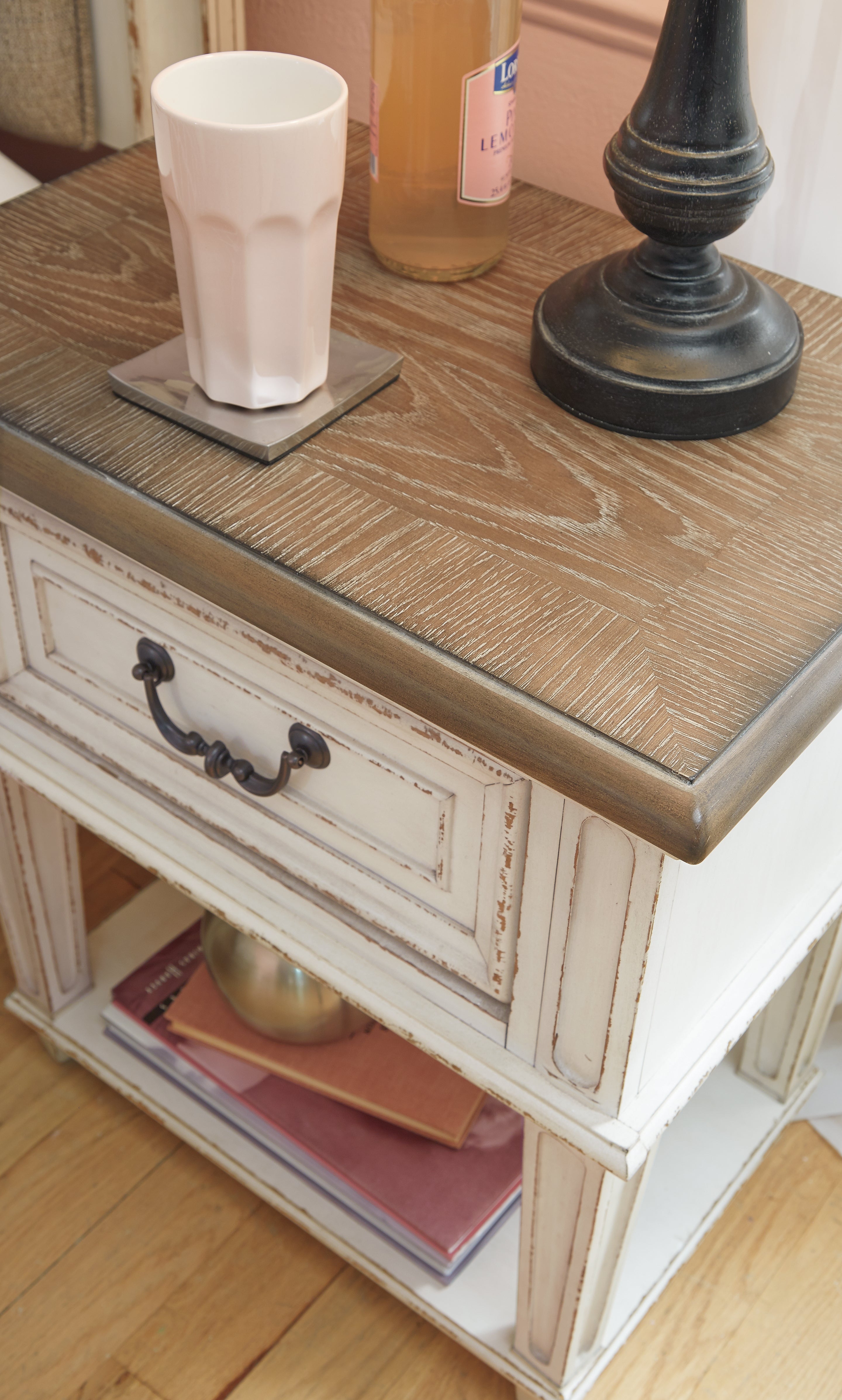 Realyn Two-tone Queen Upholstery Panel Bed, Dresser, Chest, Nightstand, and Vanity Set - B743B35