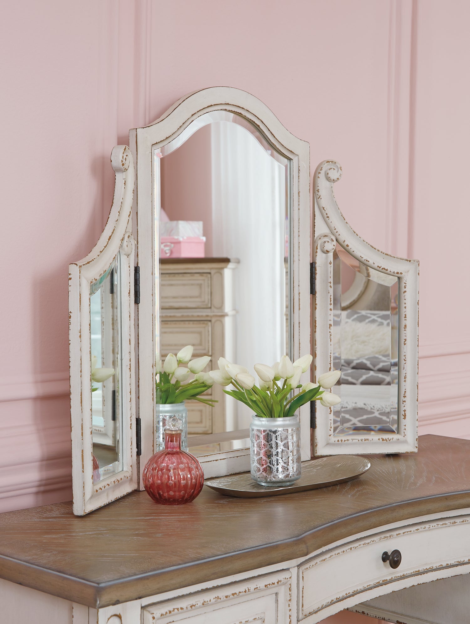 Realyn Two-tone Queen Upholstery Panel Bed, Dresser, Chest, Nightstand, and Vanity Set - B743B35