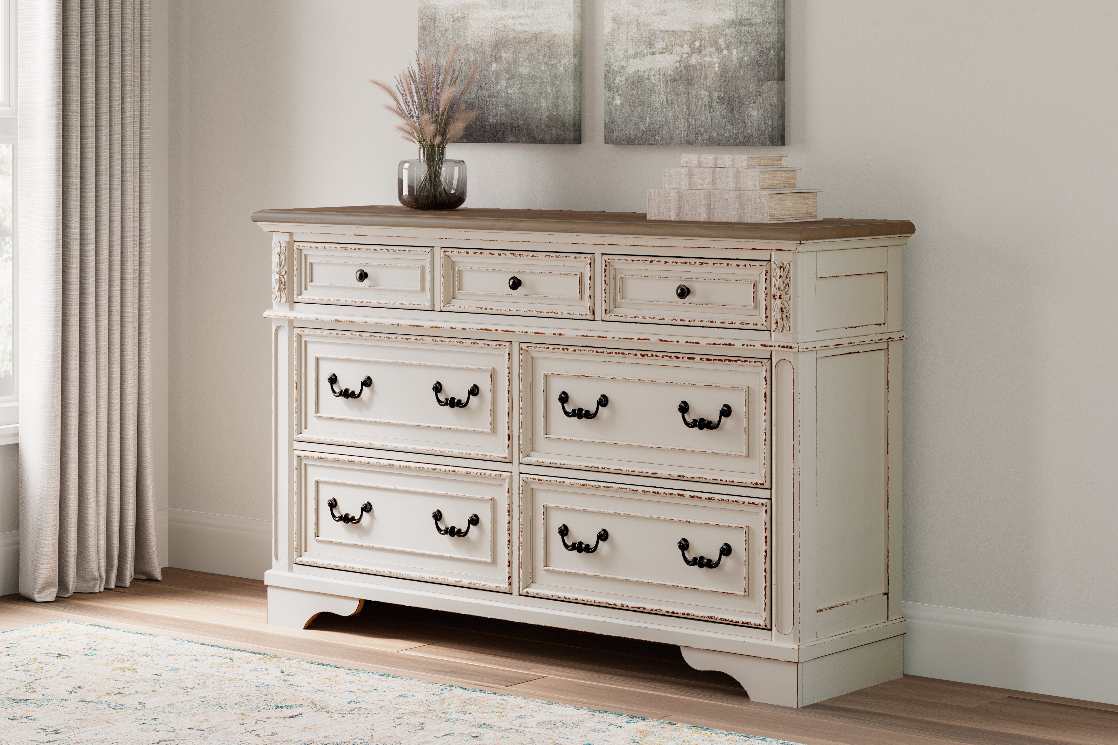 Realyn Two-tone Queen Upholstery Panel Bed, Dresser, Chest, Nightstand, and Vanity Set - B743B35