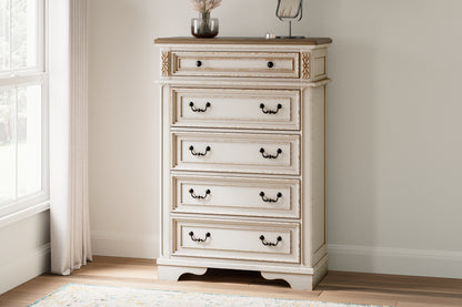 Realyn Two-tone Queen Upholstery Panel Bed, Dresser, Chest, Nightstand, and Vanity Set - B743B35