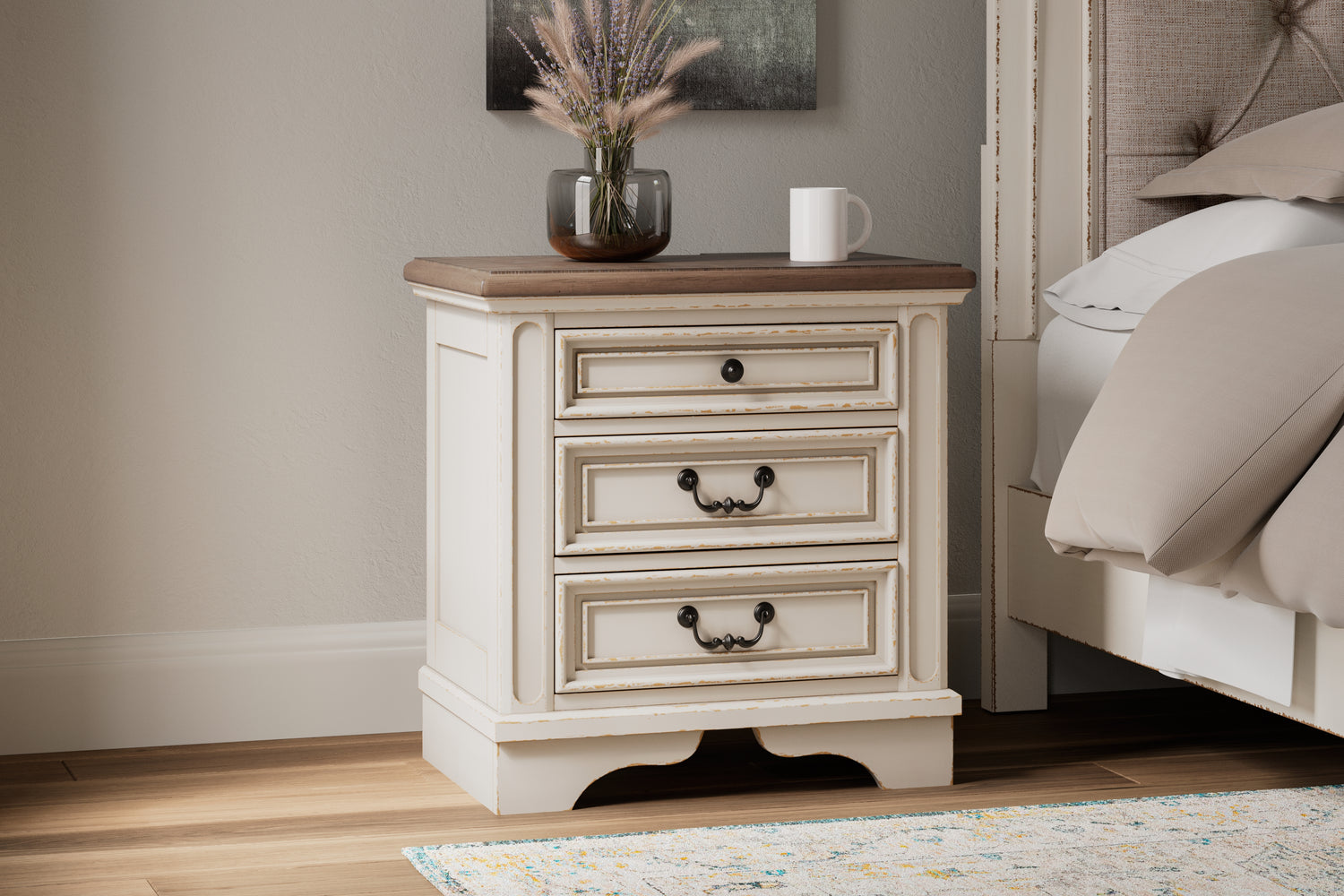 Realyn Two-tone Queen Upholstery Panel Bed, Dresser, Chest, Nightstand, and Vanity Set - B743B35