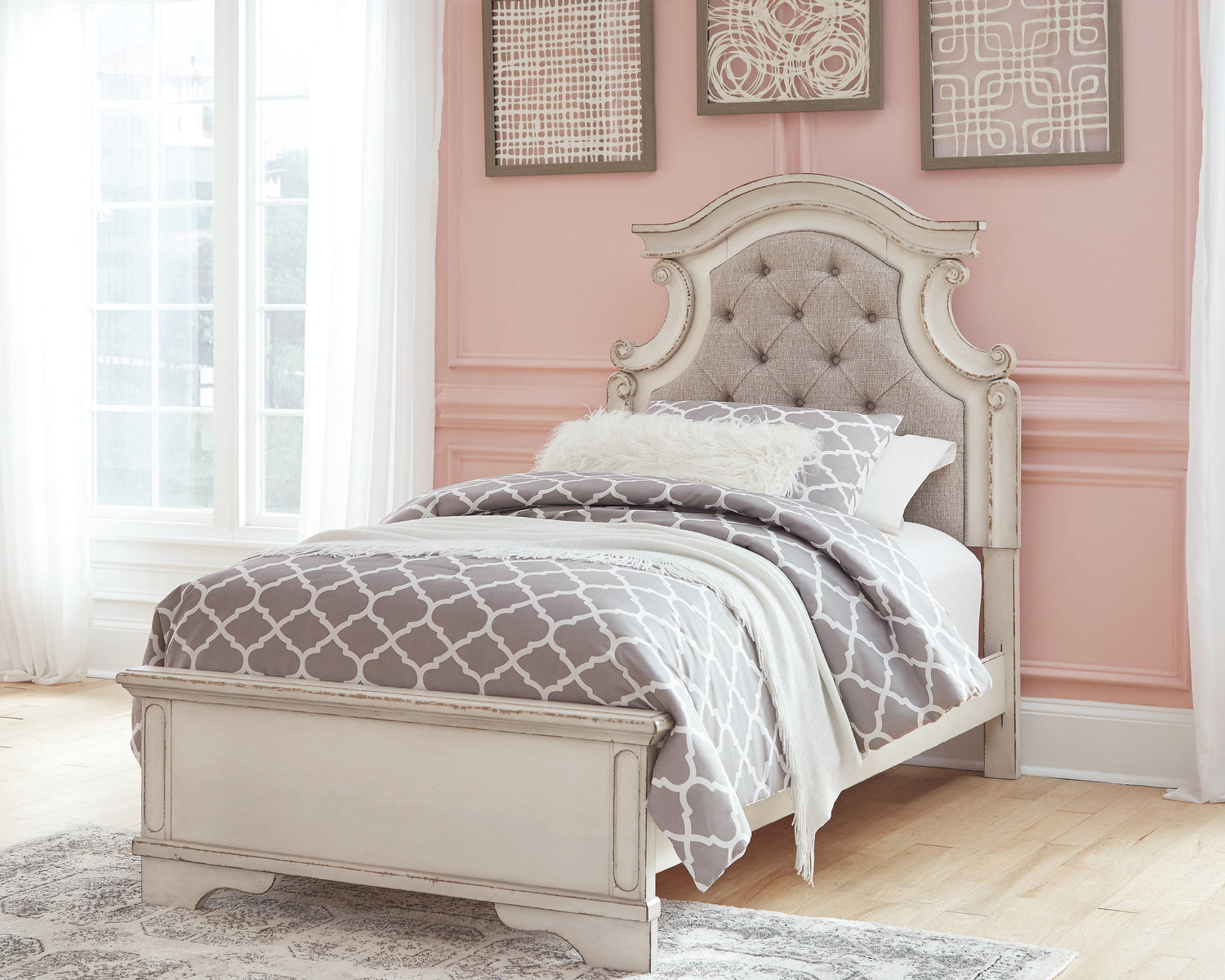 Realyn Two-tone Twin Panel Bed, Dresser, Mirror, Chest and Nightstand - B743B44