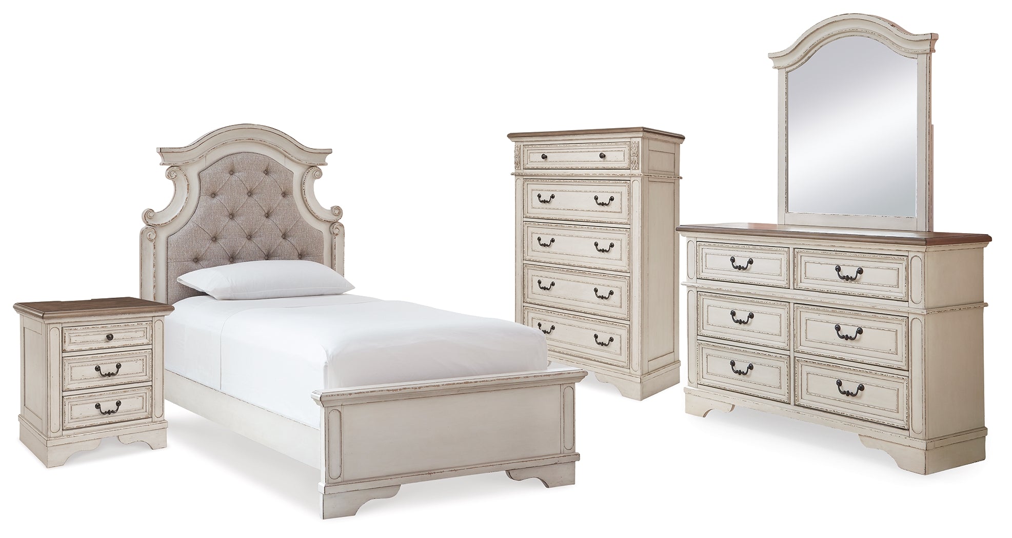 Realyn Two-tone Twin Panel Bed, Dresser, Mirror, Chest and Nightstand - B743B44