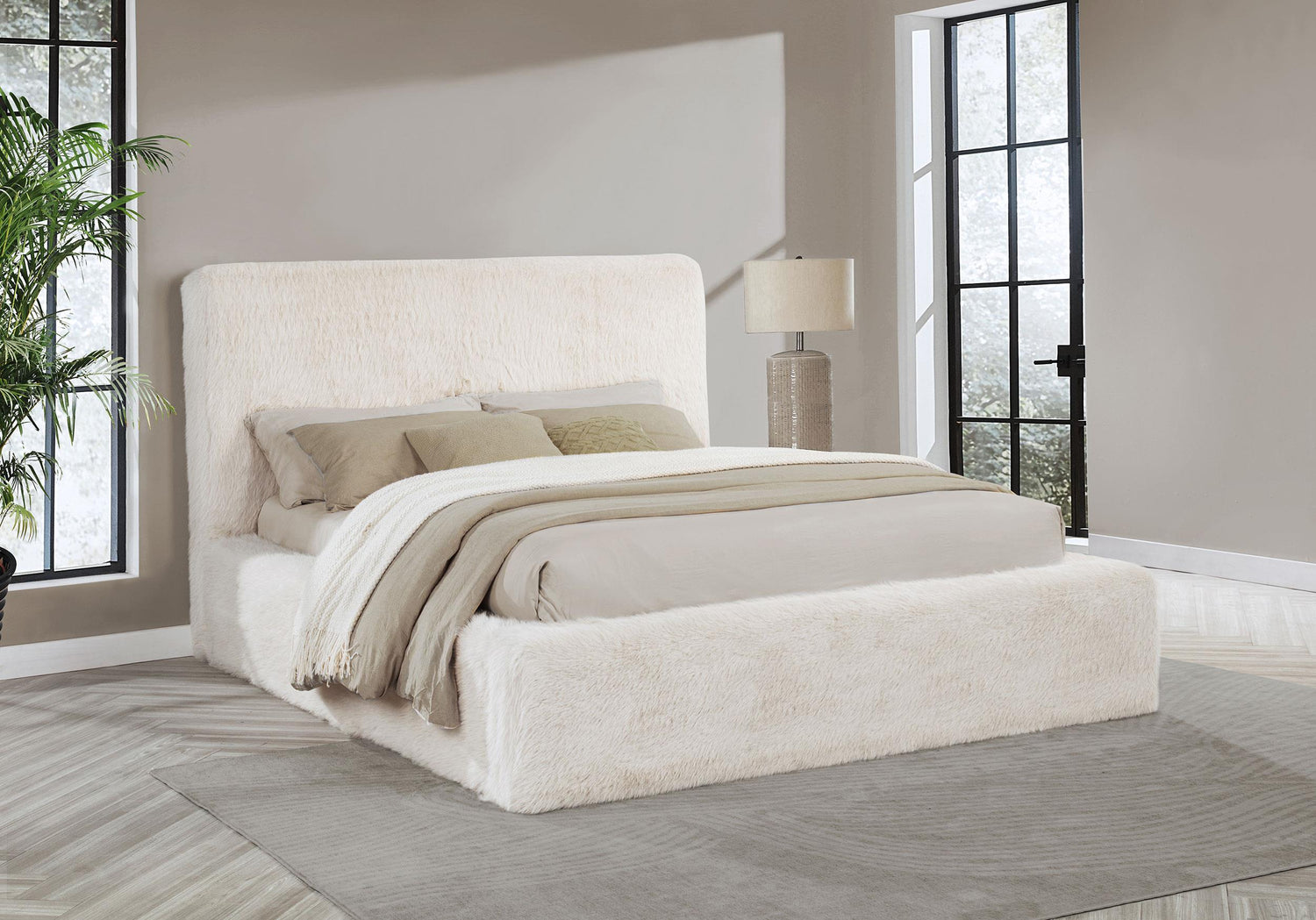 Rebecca Faux Fur Upholstered California King Bed Cream - 306141KW