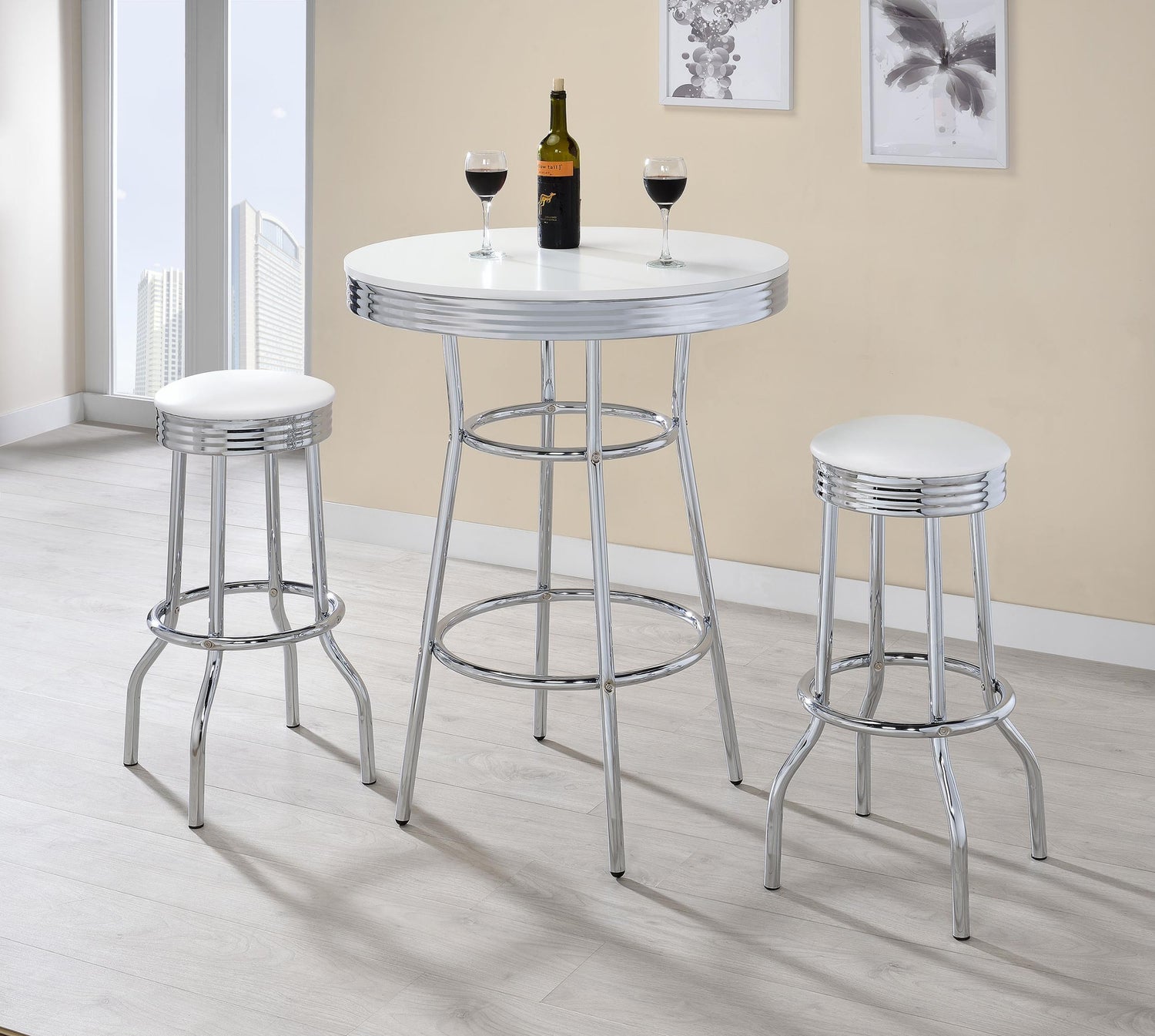 Retro 3-piece Round 1950s Bistro Pub Bar Table Set White - 2300-S3