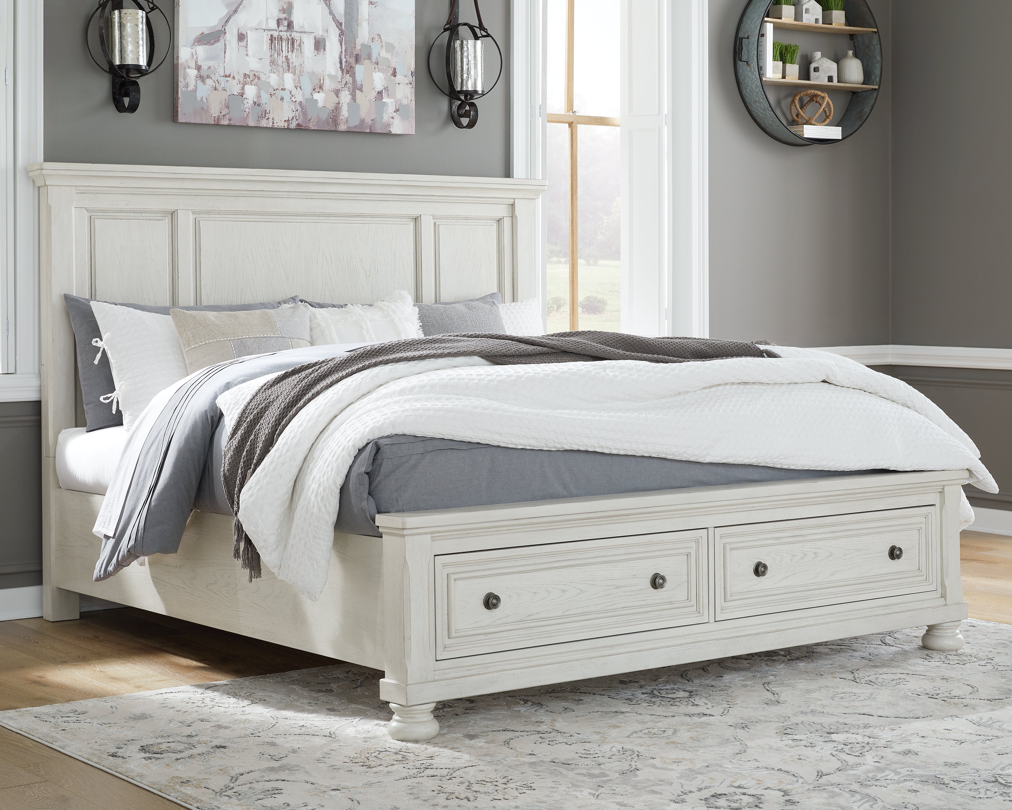 Robbinsdale Antique White King Storage Bed and 2 Nightstands - B742B37