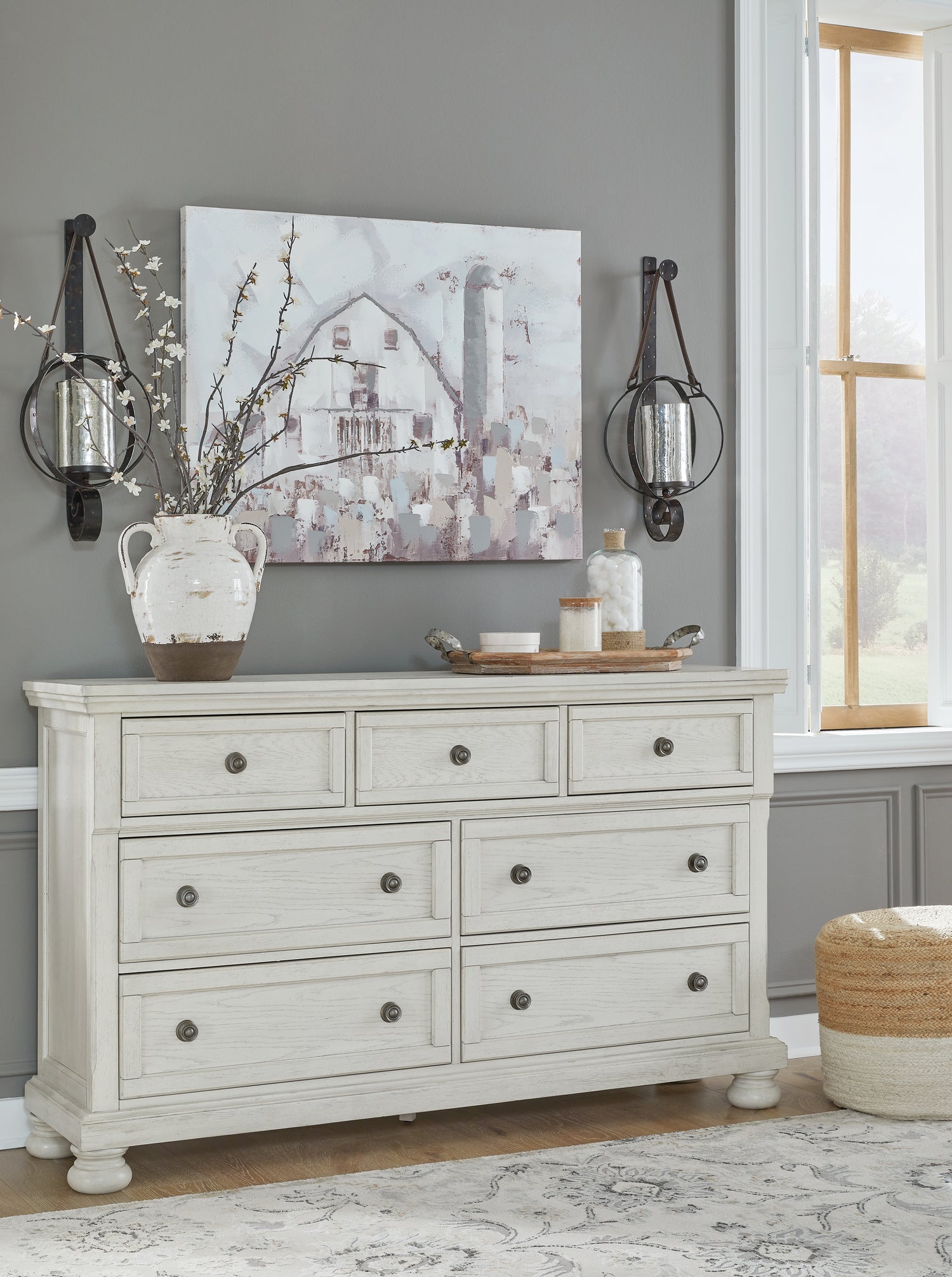 Robbinsdale Antique White Queen Panel Bed, Dresser, Chest and 2 Nightstands - B742B35