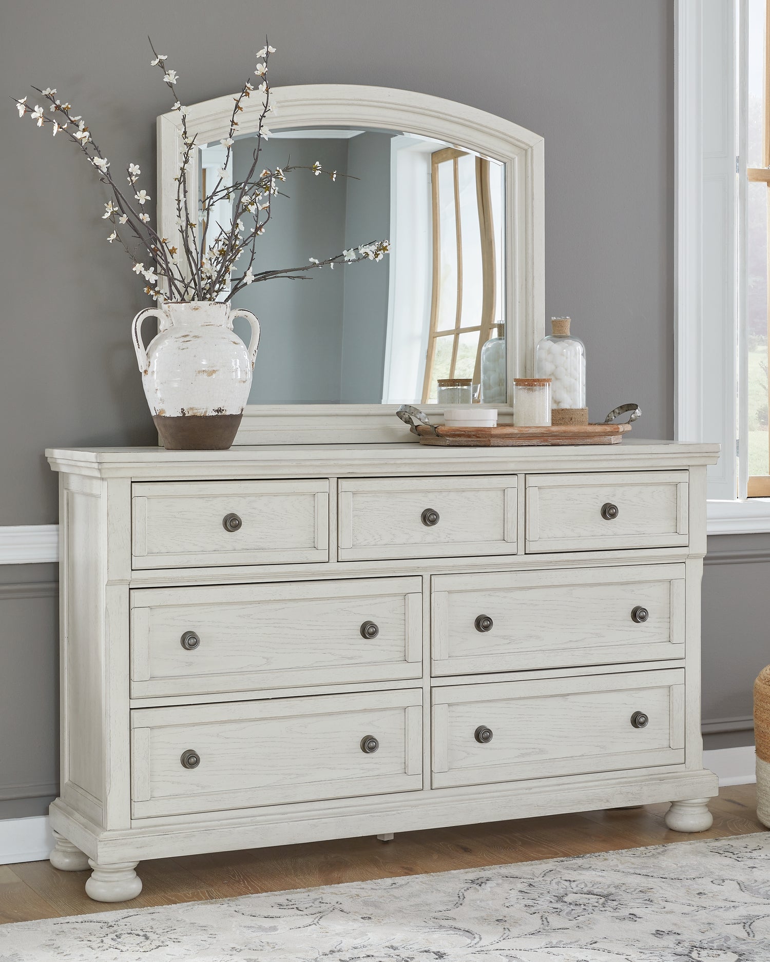 Robbinsdale Antique White Queen Panel Storage Bed, Dresser, Mirror and Chest - B742B27
