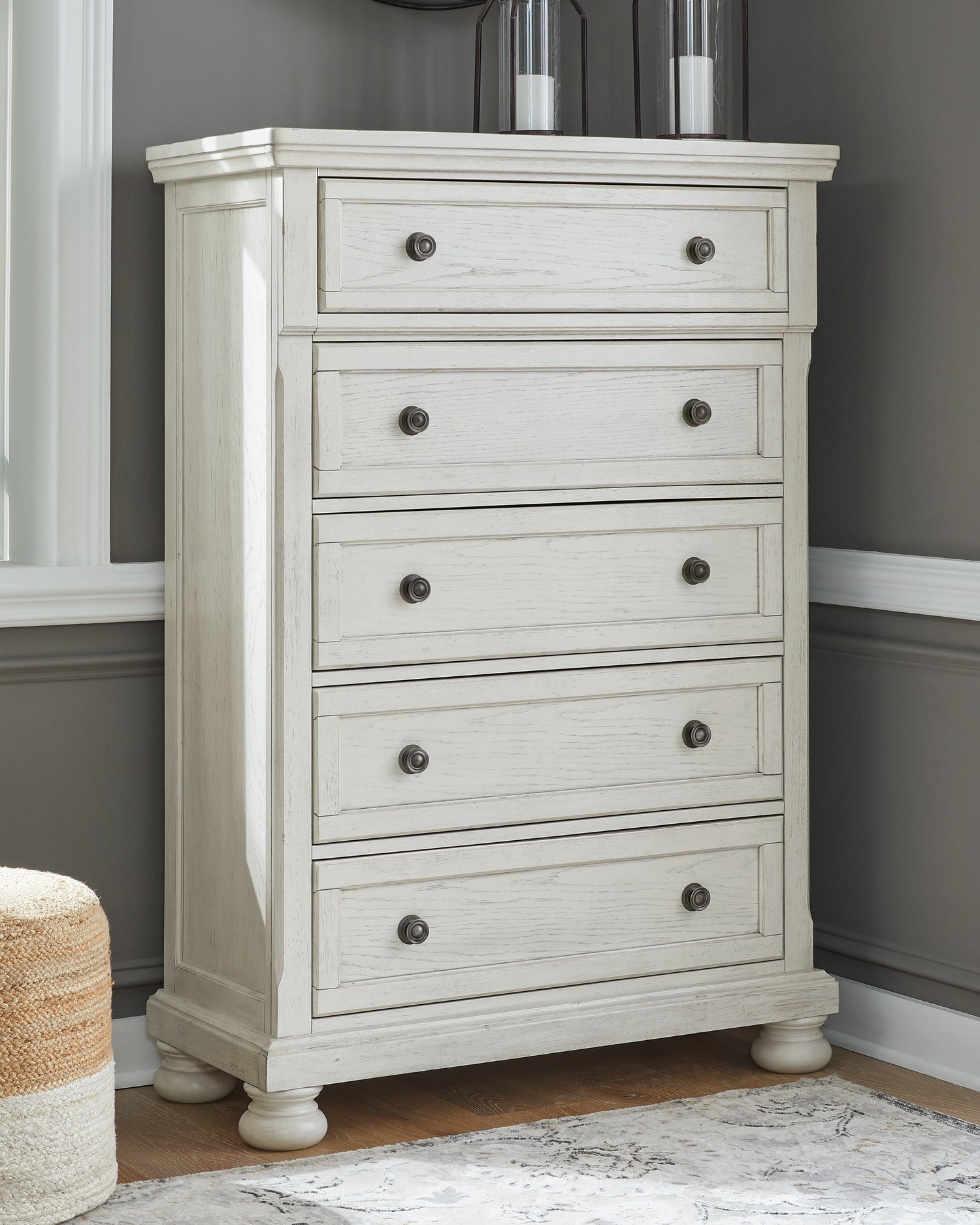 Robbinsdale Antique White Queen Panel Storage Bed, Dresser, Mirror and Chest - B742B27