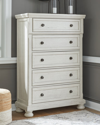Robbinsdale Antique White Queen Panel Storage Bed, Dresser, Mirror and Chest - B742B27