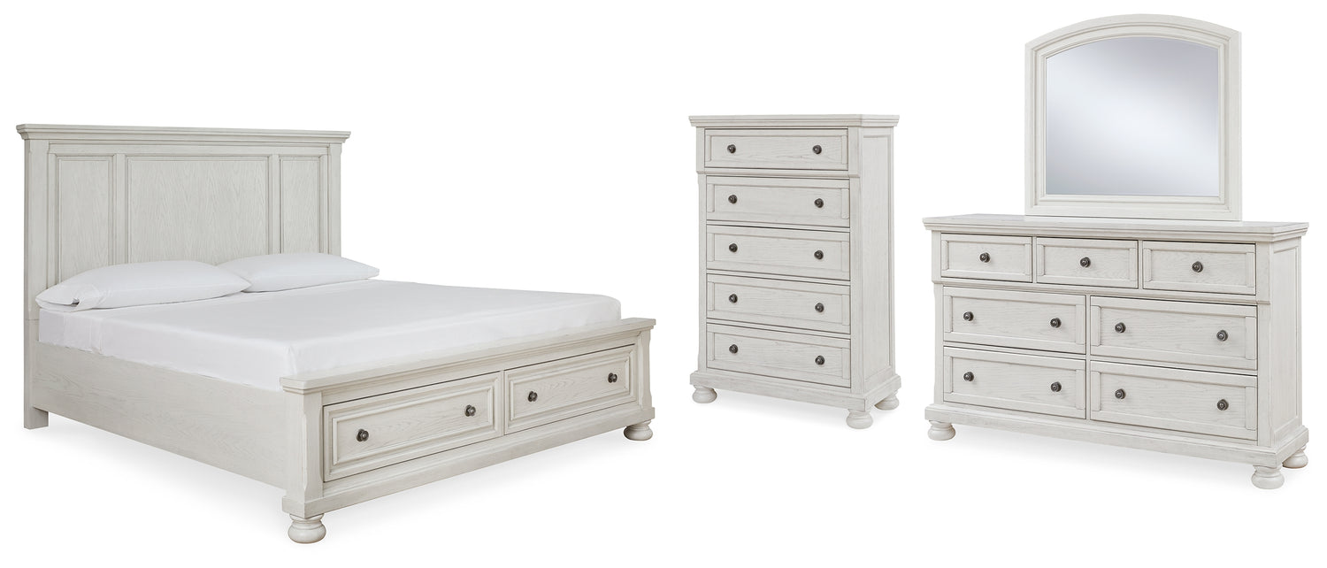 Robbinsdale Antique White Queen Panel Storage Bed, Dresser, Mirror and Chest - B742B27
