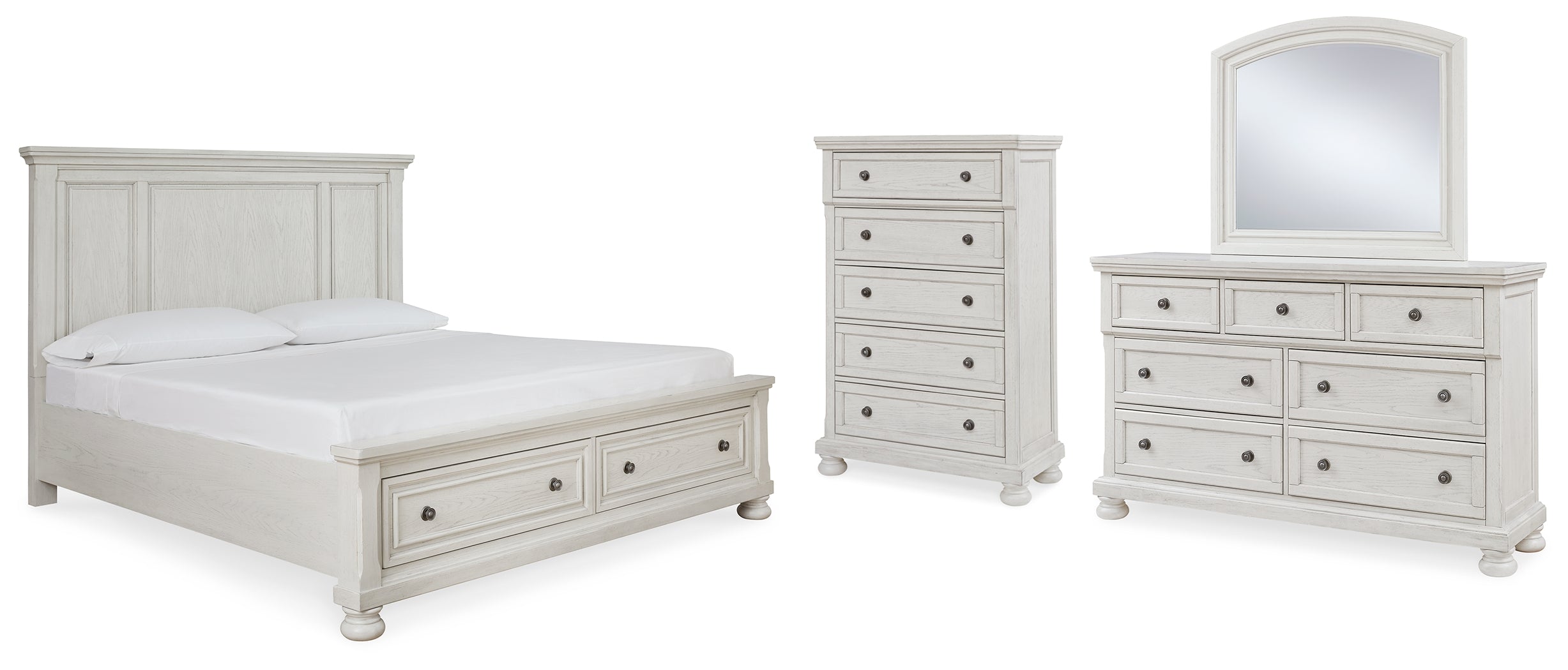 Robbinsdale Antique White Queen Panel Storage Bed, Dresser, Mirror and Chest - B742B27