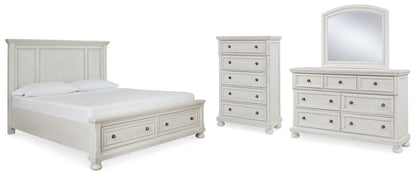 Robbinsdale Antique White Queen Panel Storage Bed, Dresser, Mirror and Chest - B742B27