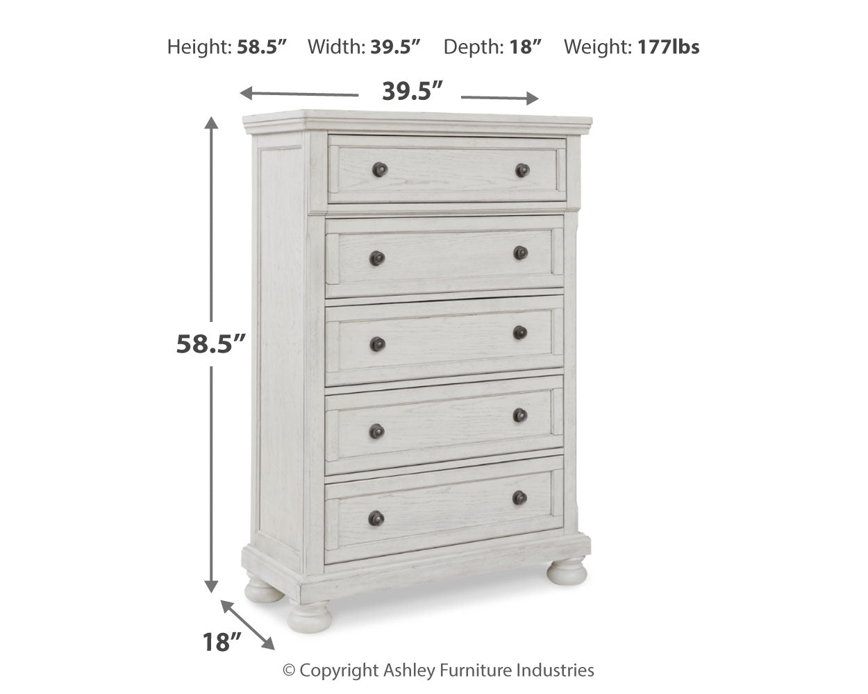 Robbinsdale Antique White Queen Panel Storage Bed, Dresser, Mirror and Chest - B742B27