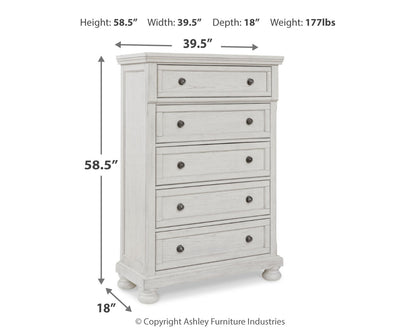 Robbinsdale Antique White Queen Panel Storage Bed, Dresser, Mirror and Chest - B742B27