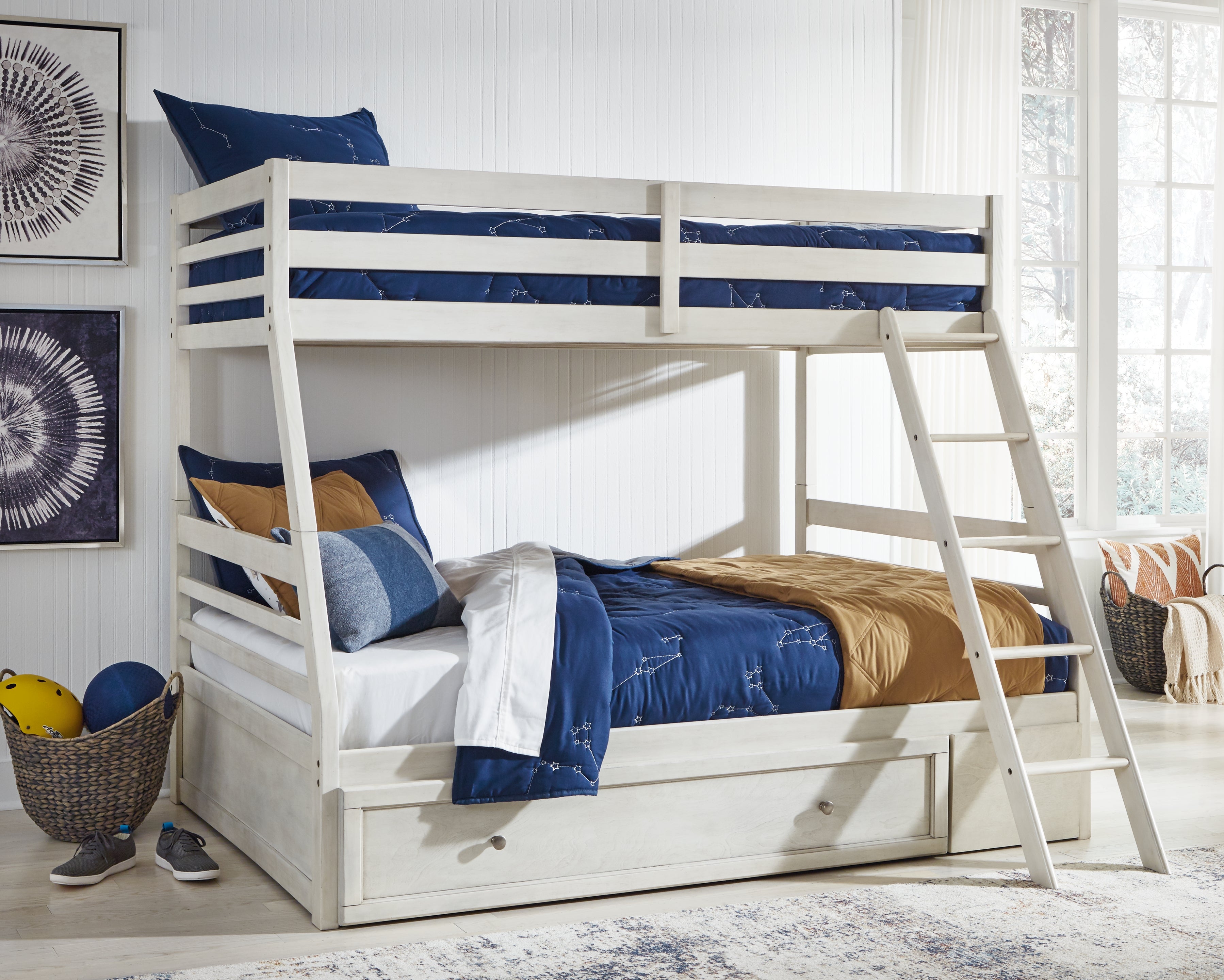 Robbinsdale Antique White Twin over Full Bunk Bed, Dresser and Chest - B742B32
