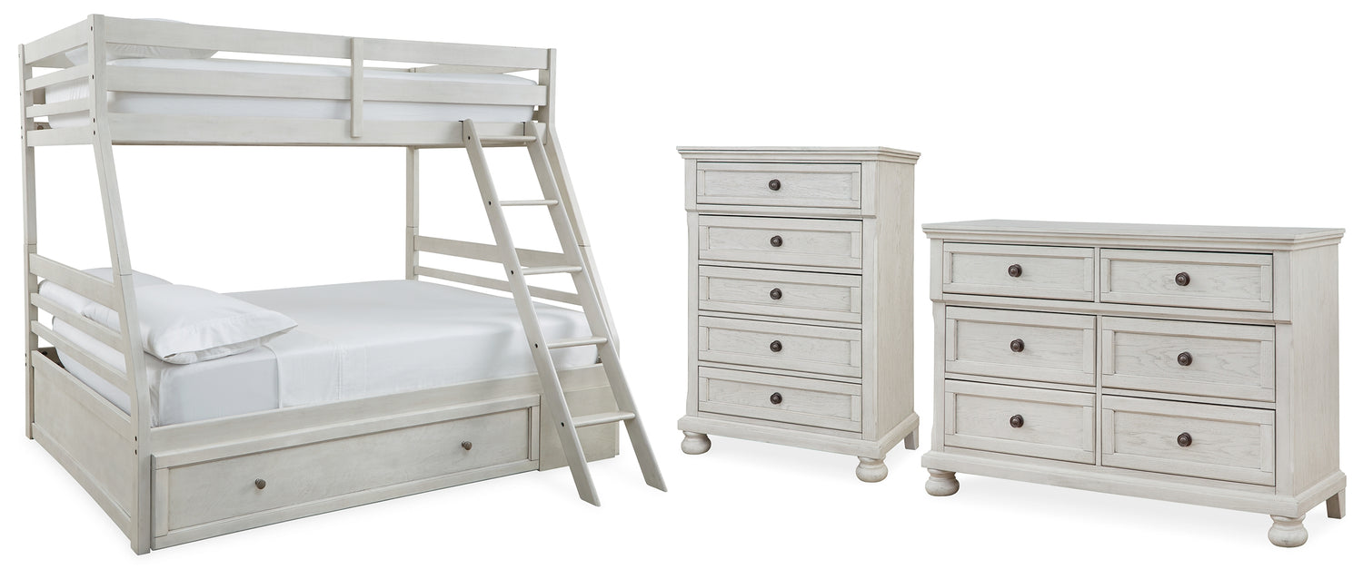 Robbinsdale Antique White Twin over Full Bunk Bed, Dresser and Chest - B742B32
