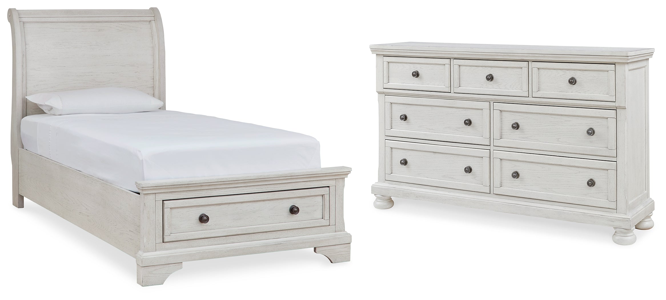 Robbinsdale Antique White Twin Sleigh Storage Bed and Dresser - B742B26