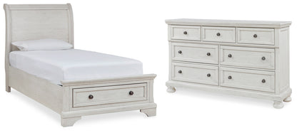 Robbinsdale Antique White Twin Sleigh Storage Bed and Dresser - B742B26