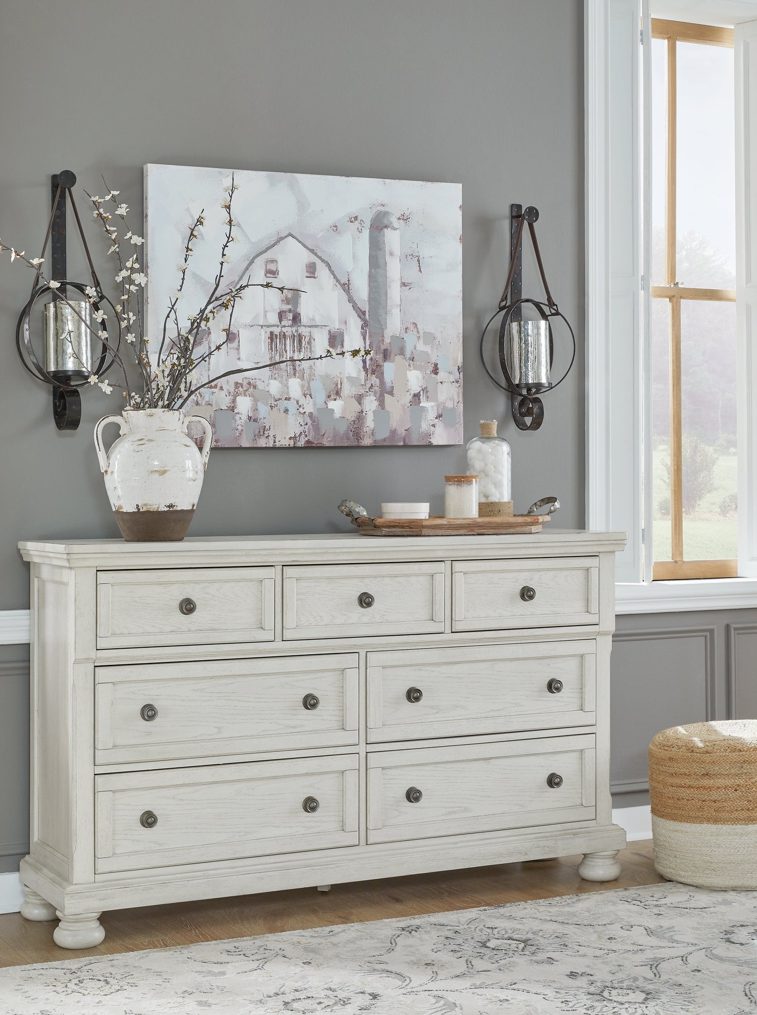 Robbinsdale California King Sleigh Bed with Storage with Mirrored Dresser in Antique White from Ashley - Luna Furniture